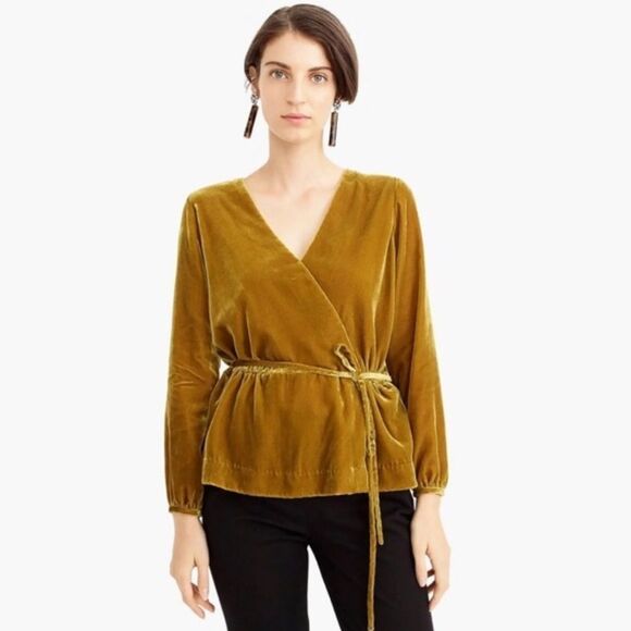 J. Crew Faux Wrap Velvet Long Sleeve Blouse Size 2 in Mustard Yellow - Picture 1 of 11